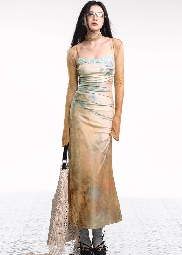 Dual-tone Knitted Dress and Shawl Set