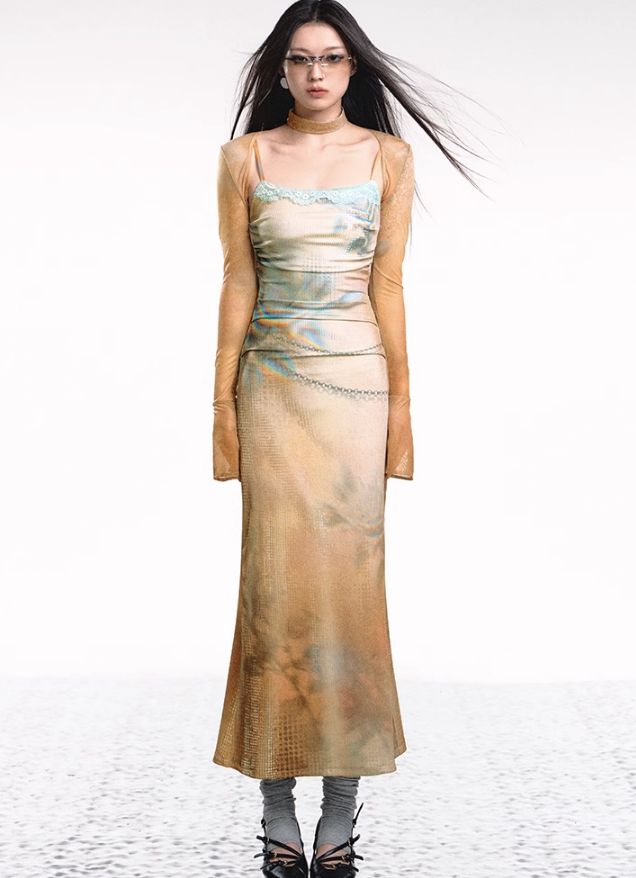 Dual-tone Knitted Dress and Shawl Set