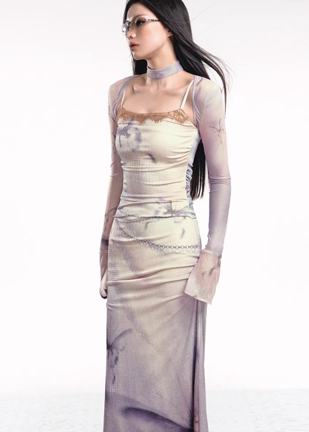 Dual-tone Knitted Dress and Shawl Set