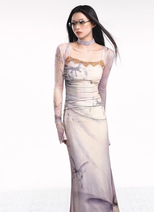 Dual-tone Knitted Dress and Shawl Set