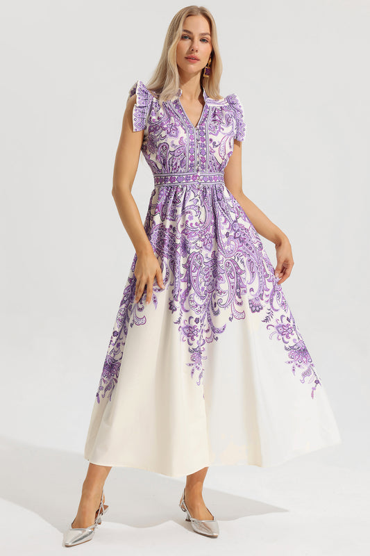 Ruffle V-neck Single Breasted Maxi Dress