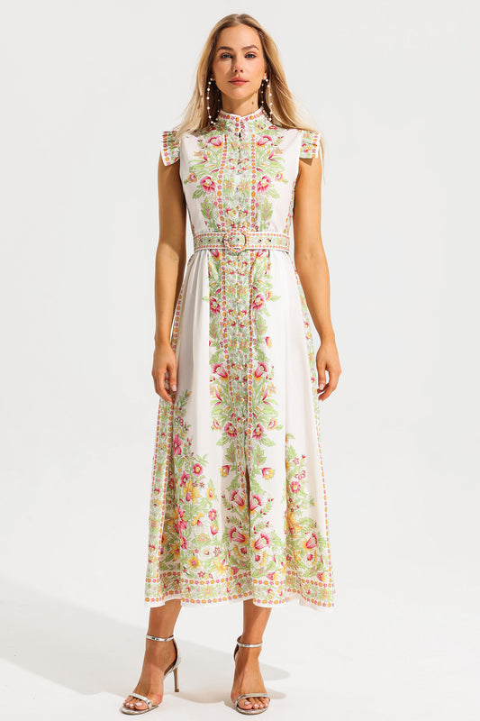 Stand Collar Sleeveless Button With Belt Midi Dress
