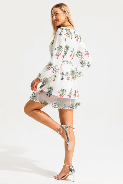 Embroidered Lantern Sleeve V-neck Mini Dress