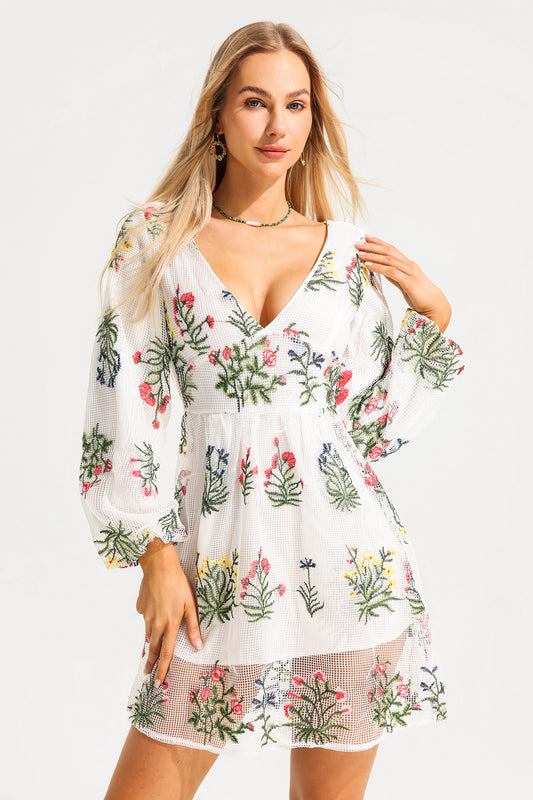 Embroidered Lantern Sleeve V-neck Mini Dress