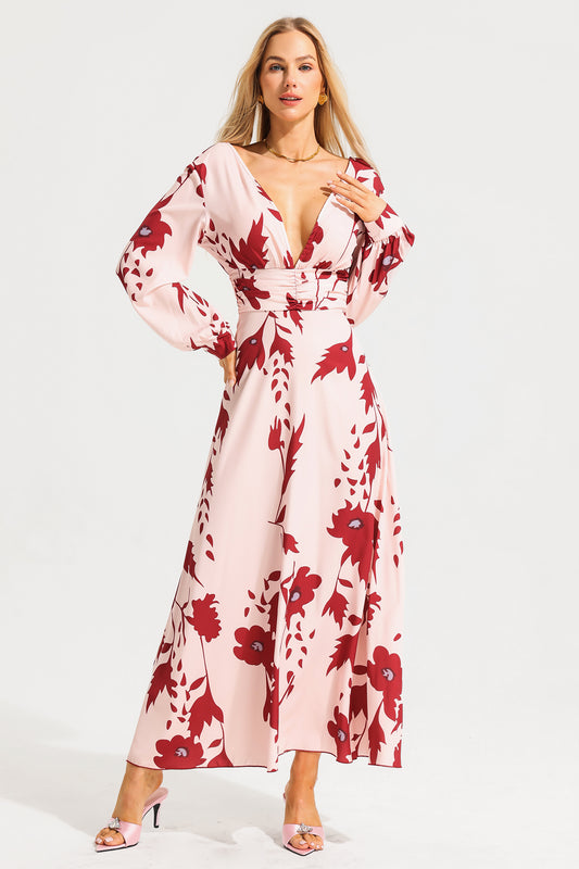 V-neck Lantern Sleeve Maxi Dress