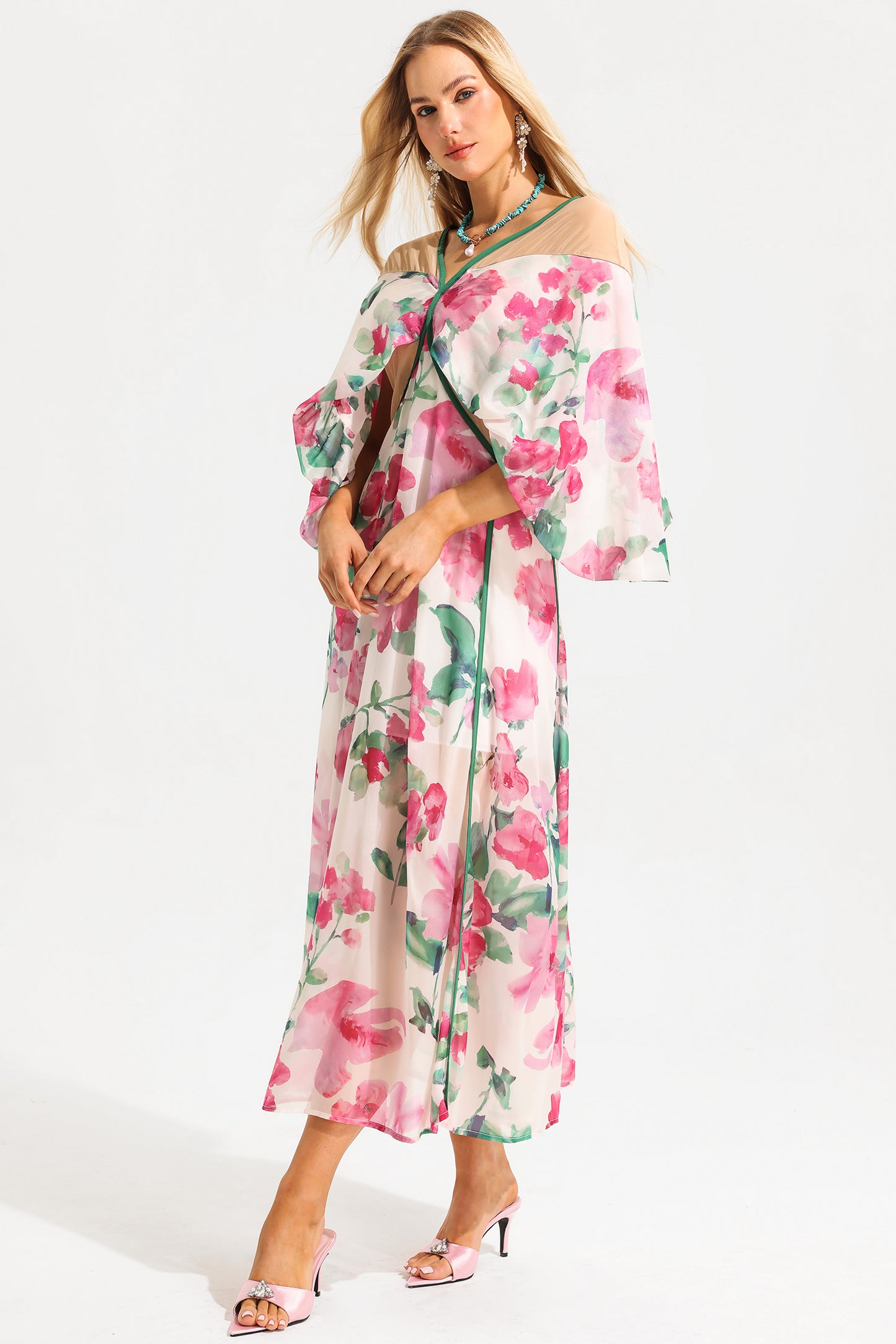 V-neck Lantern Sleeve Splicing Midi Dress