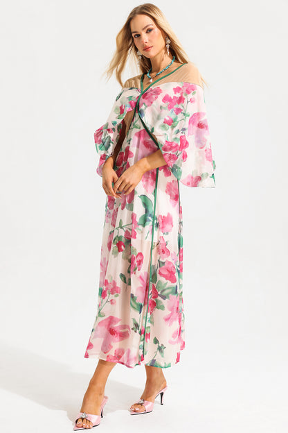 V-neck Lantern Sleeve Splicing Midi Dress