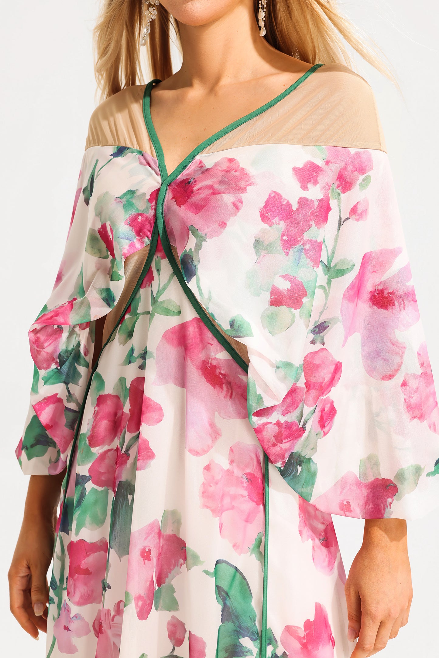 V-neck Lantern Sleeve Splicing Midi Dress