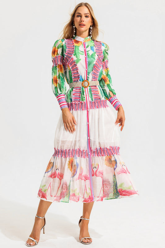 Lantern Sleeve Stand Collar Ruffle Maxi Dress