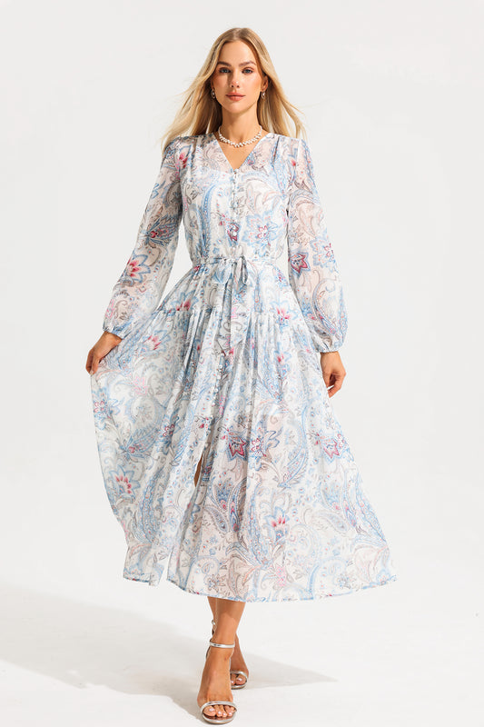 V-neck Shirt Sleeve Split Midi Dress