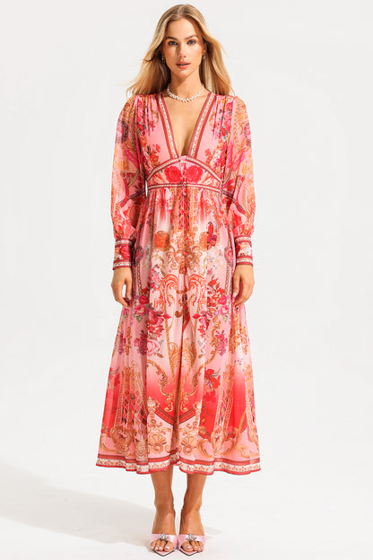 Paisley Print V-neck Lantern Sleeve Midi Dress