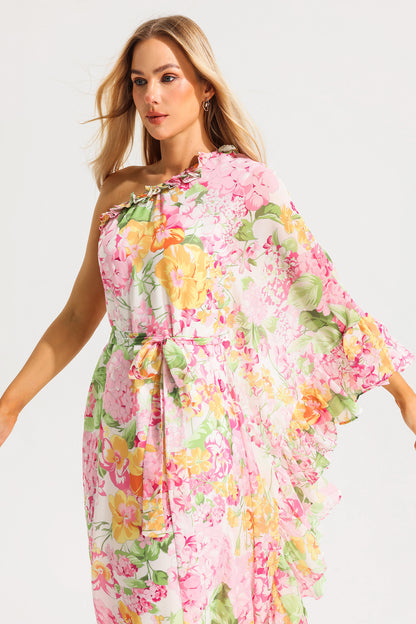 Ruffle Asymmetric One Shoulder Midi Dress