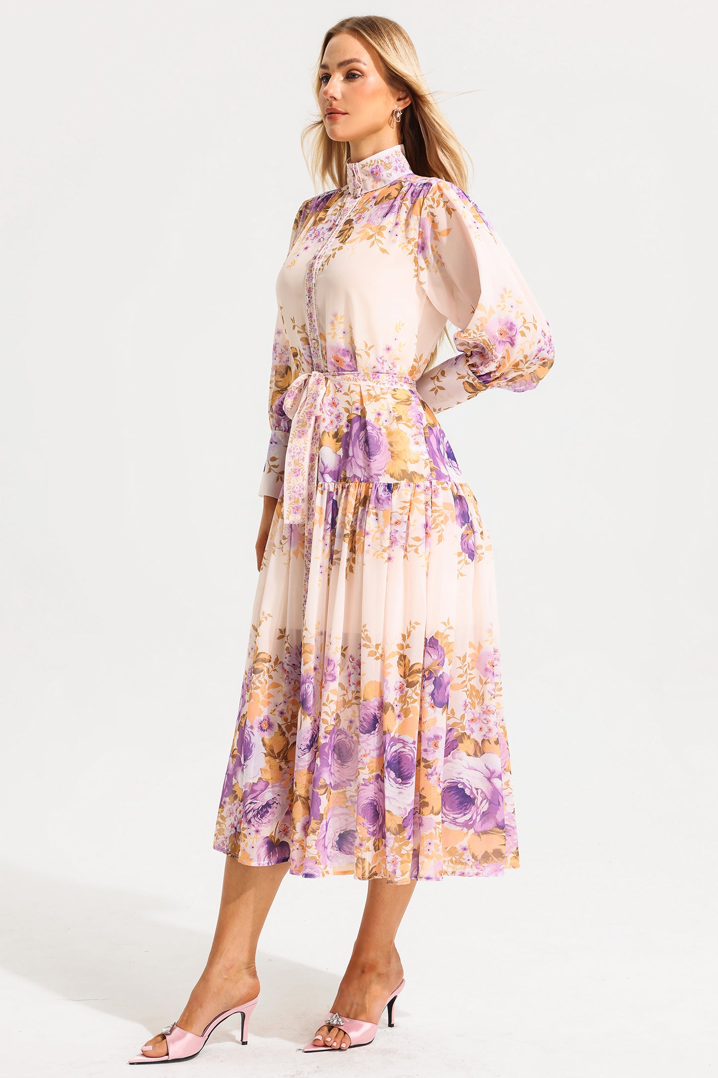 Stand Collar Puff Sleeve Maxi Dress