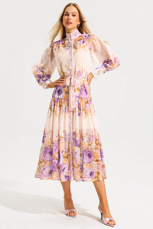 Stand Collar Puff Sleeve Maxi Dress