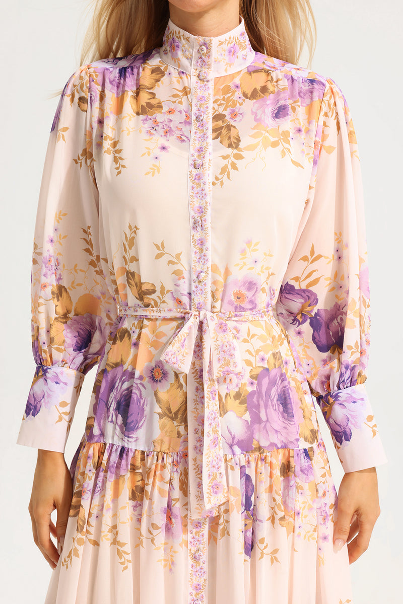 Stand Collar Puff Sleeve Maxi Dress
