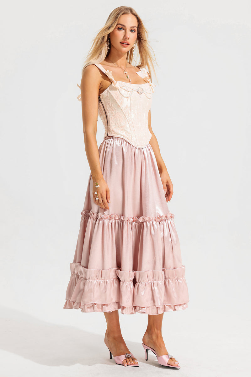 Mid Waist Ruffle Midi Skirt