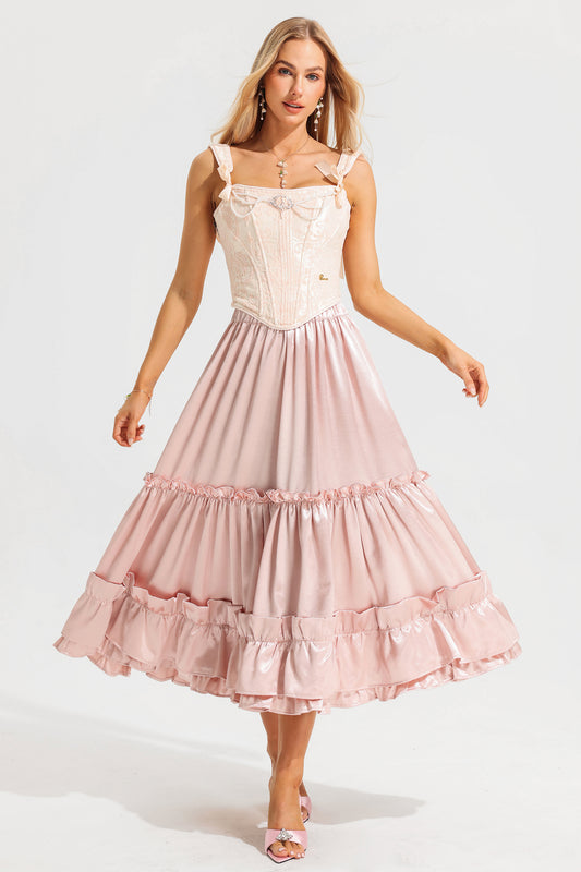 Mid Waist Ruffle Midi Skirt