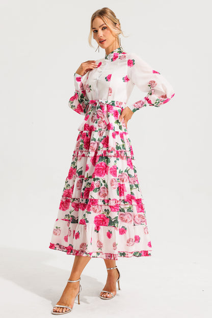 Stand Collar Lantern Sleeve Midi Dress With Belt