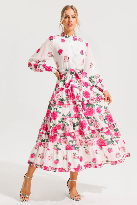 Stand Collar Lantern Sleeve Midi Dress With Belt