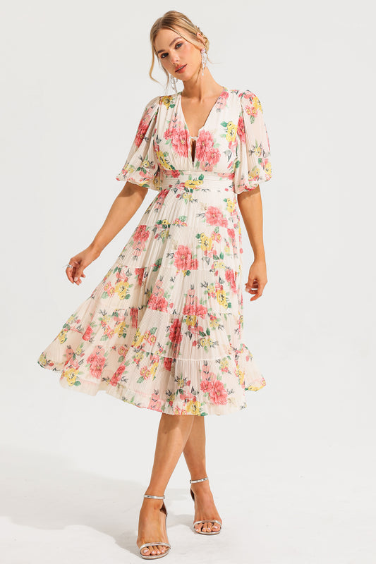 Puff Sleeve Pleat Midi Dress