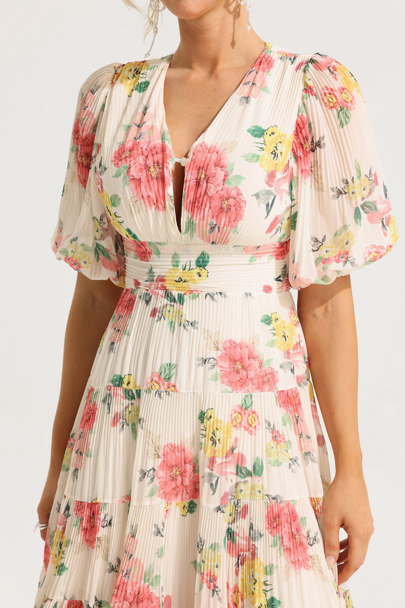 Puff Sleeve Pleat Midi Dress