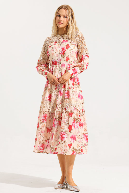 Lace Lantern Sleeve Midi Dress