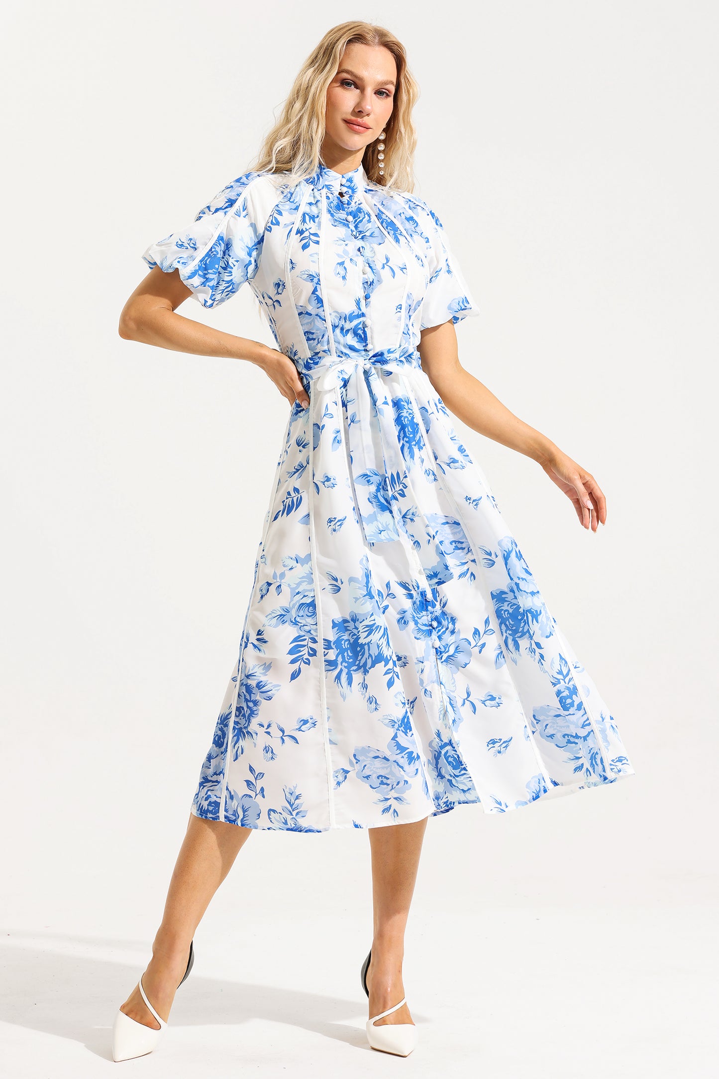 Single Breasted Puff Sleeve Midi Dress With Belt