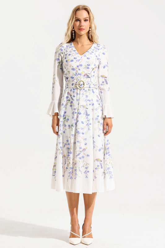 V-neck Long Sleeve Midi Dress With Belt