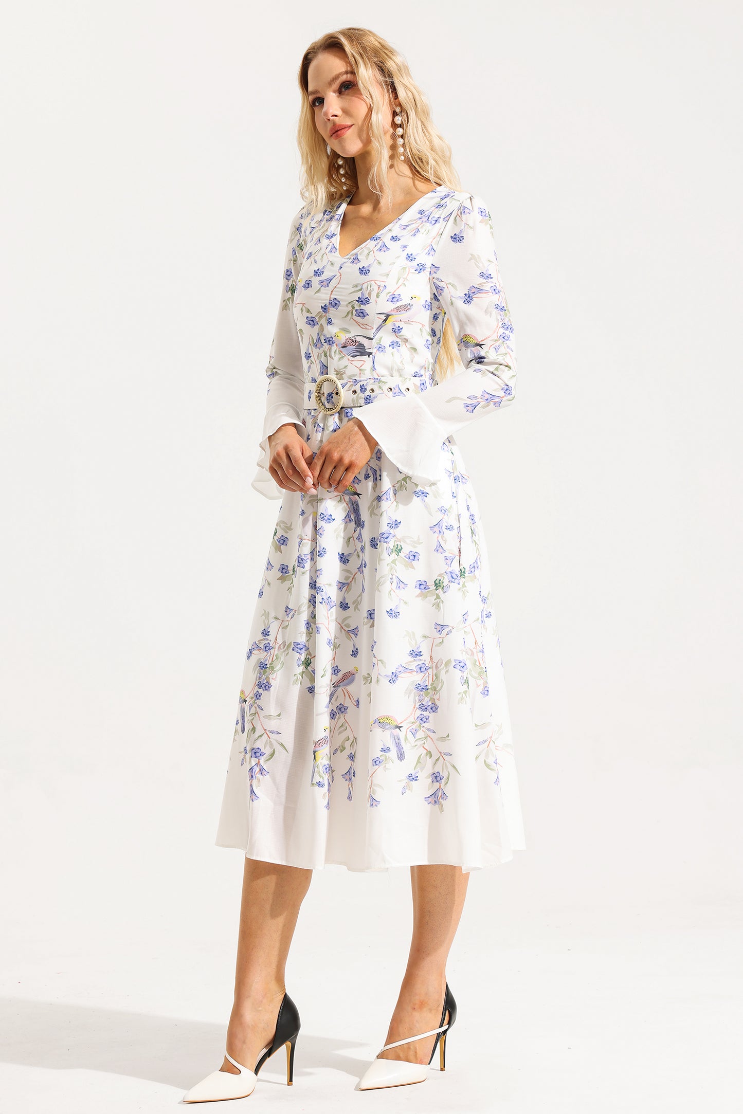 V-neck Long Sleeve Midi Dress With Belt