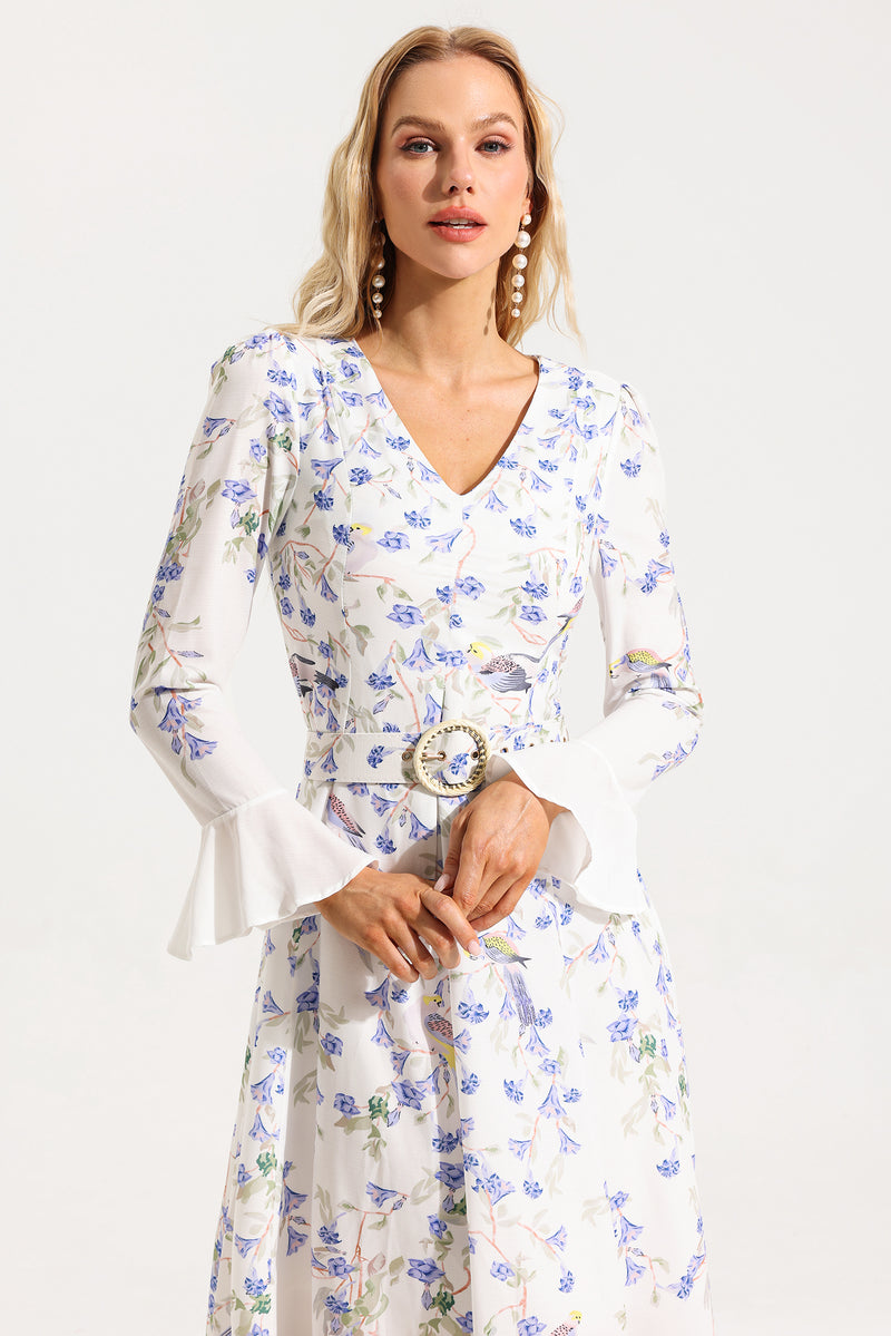 V-neck Long Sleeve Midi Dress With Belt