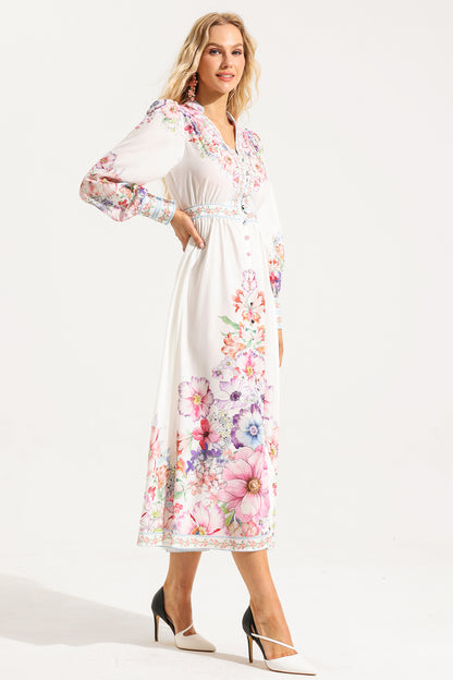 Frill Button Long Sleeve Midi Dress