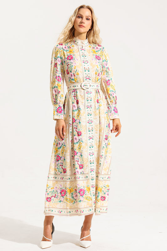 Button Long Sleeve Midi Dress With Belt