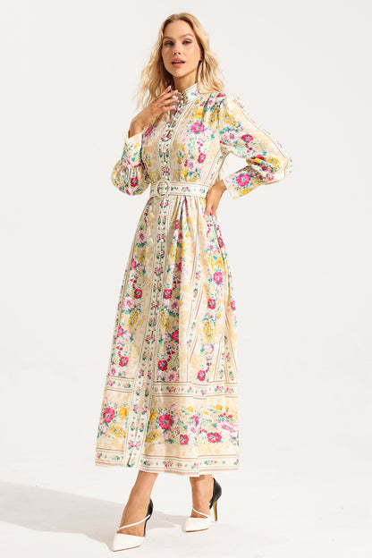 Button Long Sleeve Midi Dress With Belt
