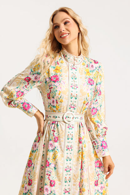 Button Long Sleeve Midi Dress With Belt