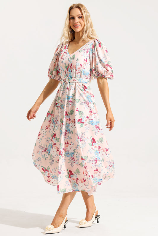 V-neck Puff Sleeve Midi Dress With Belt