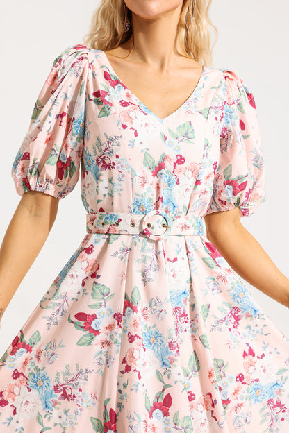 V-neck Puff Sleeve Midi Dress With Belt