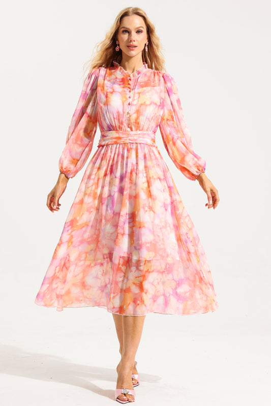 Abstract Print Frill Long Sleeve Midi Dress