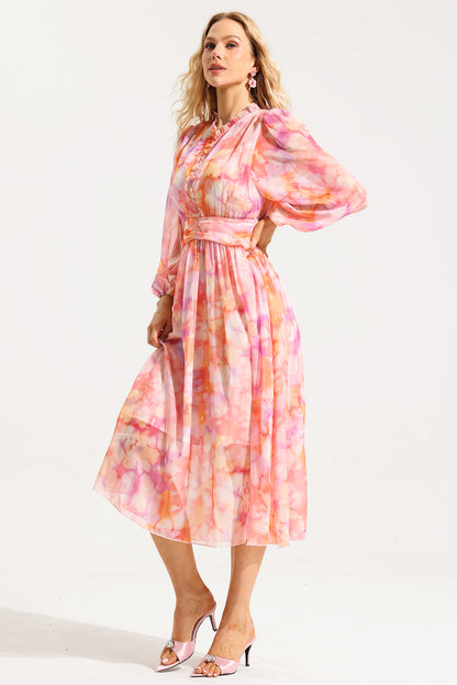 Abstract Print Frill Long Sleeve Midi Dress