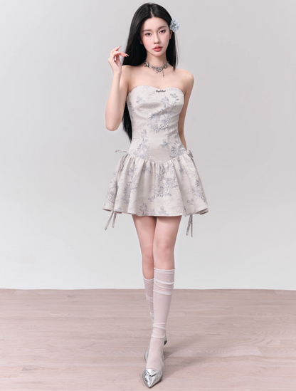 Dove Gray Brocade Tiered Sweetheart Mini Dress