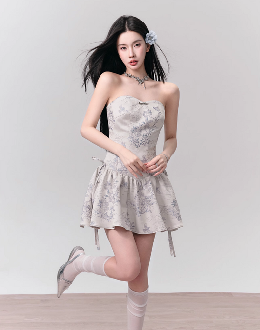 Dove Gray Brocade Tiered Sweetheart Mini Dress