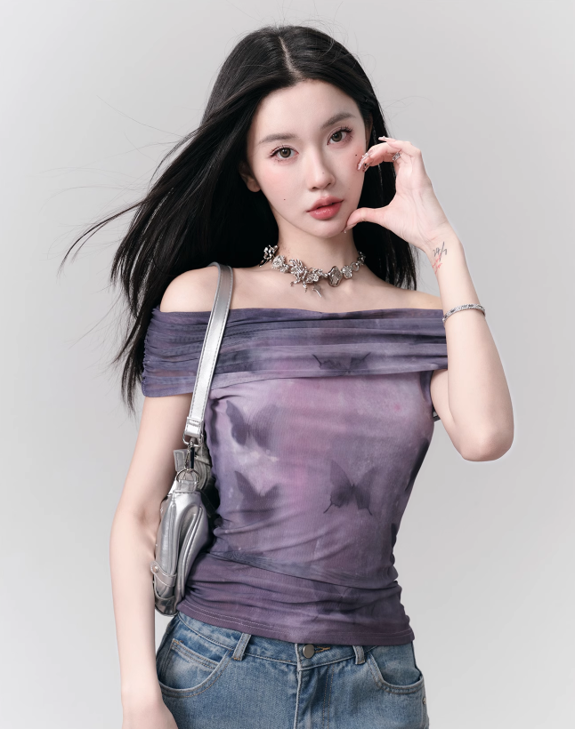 Whimsical Butterfly Print Chiffon One-shoulder Blouse
