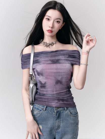 Whimsical Butterfly Print Chiffon One-shoulder Blouse