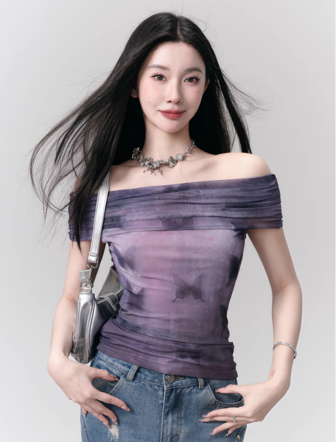 Whimsical Butterfly Print Chiffon One-shoulder Blouse