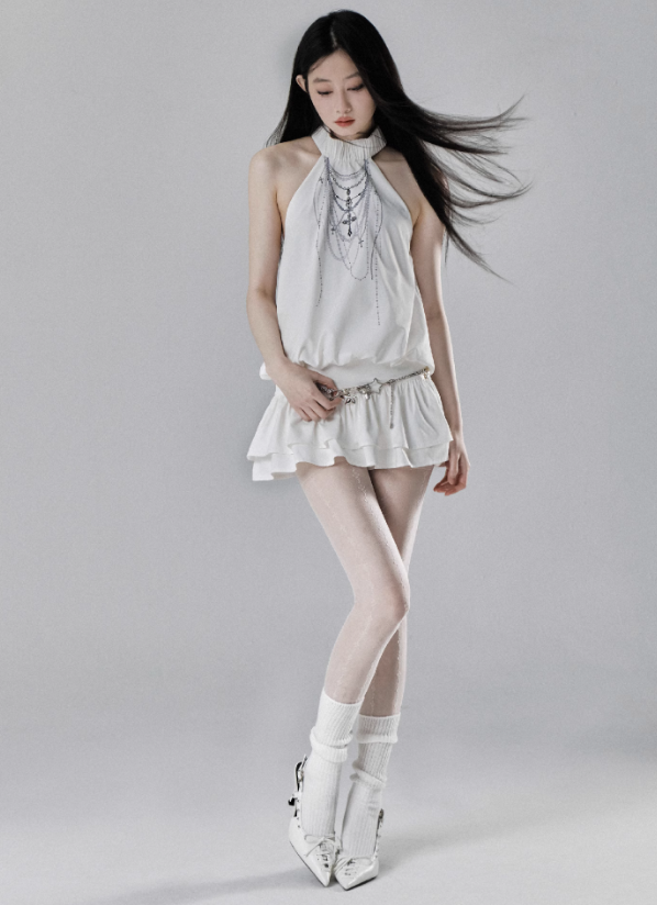 Ethereal Cascade Halter Dress and Shorts Set