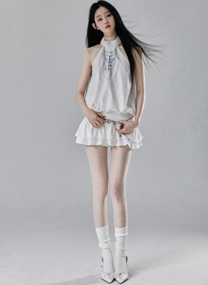 Ethereal Cascade Halter Dress and Shorts Set