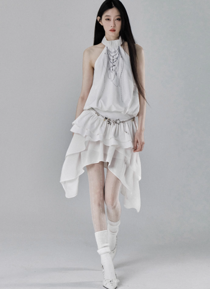 Ethereal Cascade Halter Dress and Shorts Set