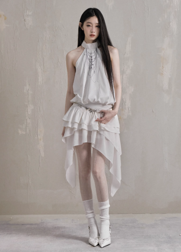 Ethereal Cascade Halter Dress and Shorts Set