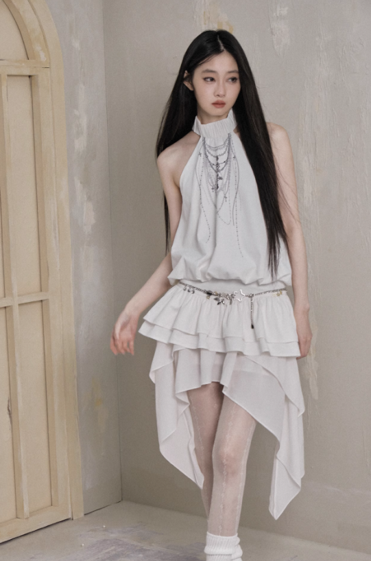 Ethereal Cascade Halter Dress and Shorts Set