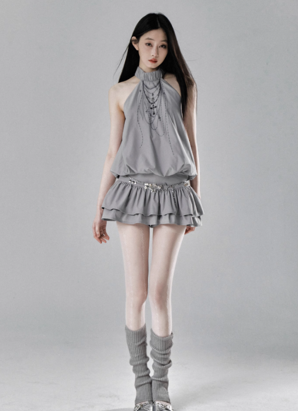 Ethereal Cascade Halter Dress and Shorts Set