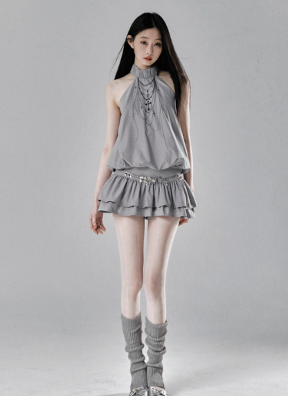 Ethereal Cascade Halter Dress and Shorts Set